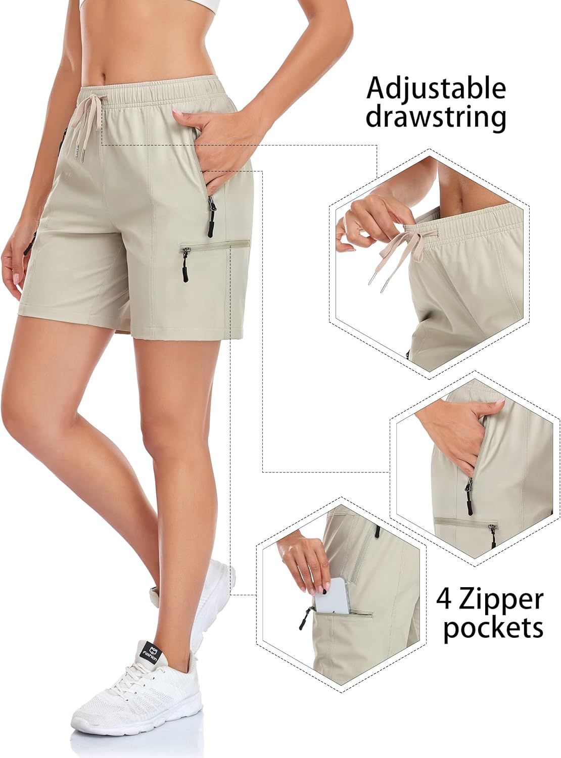 Skiennix Women's Hiking Cargo Shorts - Quick Dry, Lightweight Athletic Design with Zipper Pockets | 5" & 7" Sizes