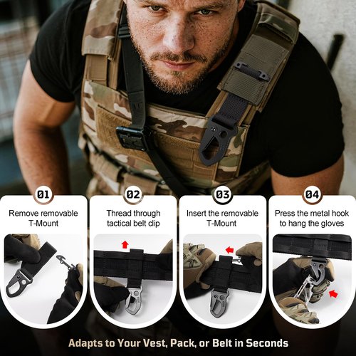 Tactical MOLLE Clip with Quick-Release Metal Hook & Nylon Webbing T-Mount | Secure Gear Attachment for Backpack, Vest, Belt, Car Seats & EDC(2PCS, Black)
