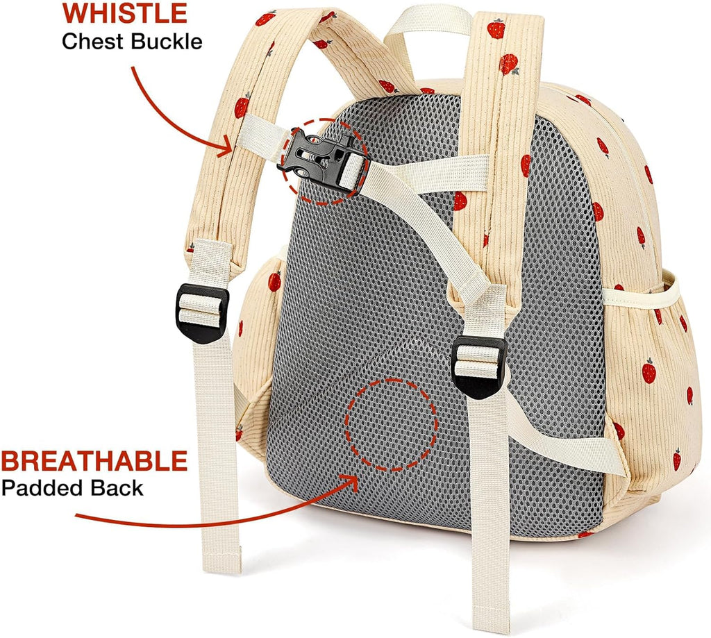 STEAMEDBUN Corduroy Toddler Backpack - Adorable Strawberry Design for Kids Ages 2-4 | 12-Inch Preschool Size