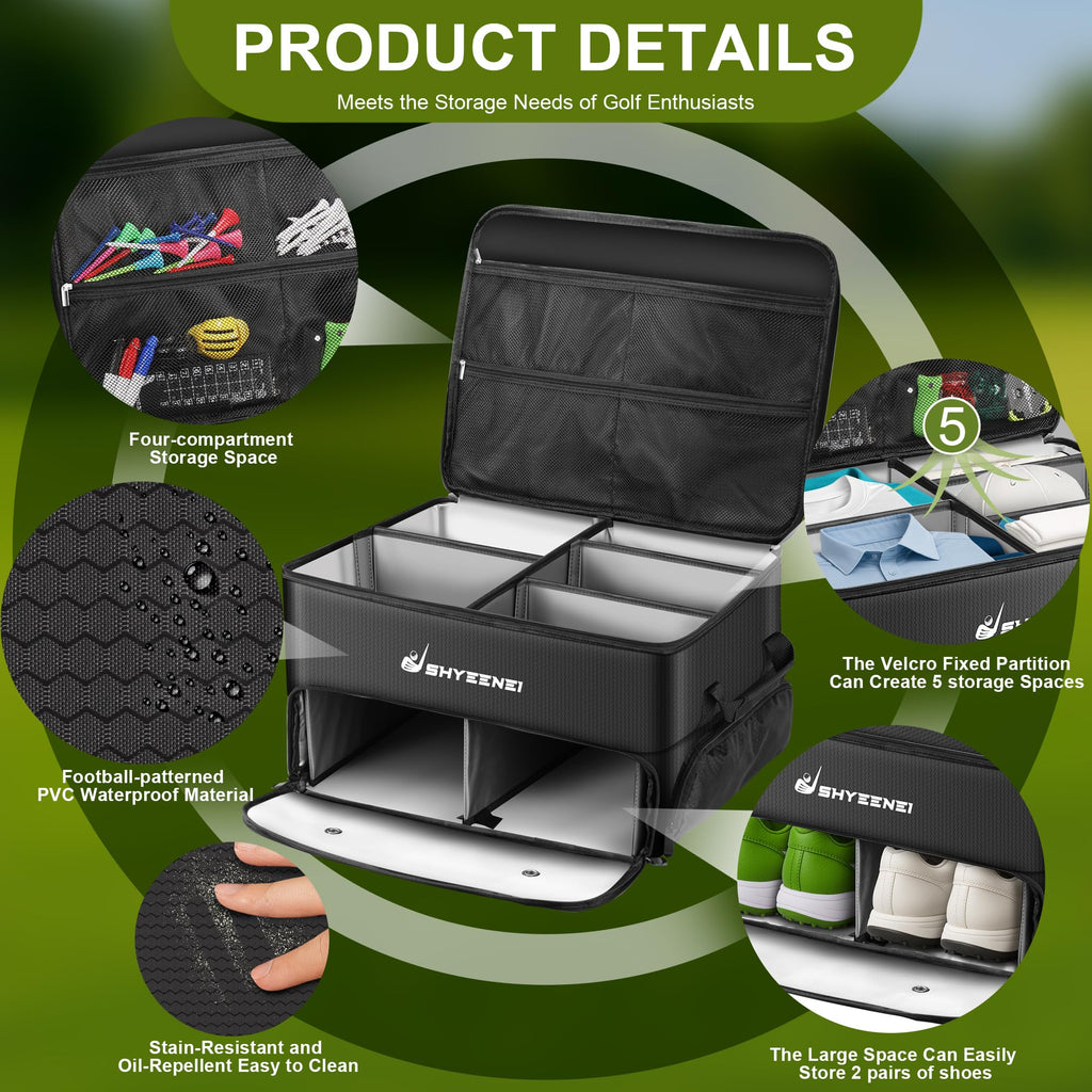 ShYeenei Golf Trunk Organizer, Improved Version 2-Layer Golf Storage Locker, with Ventilated Shoe Compartment, Waterproof & Eco-Friendly Golf Organizer for Car Trunk, Travel, and Daily Use