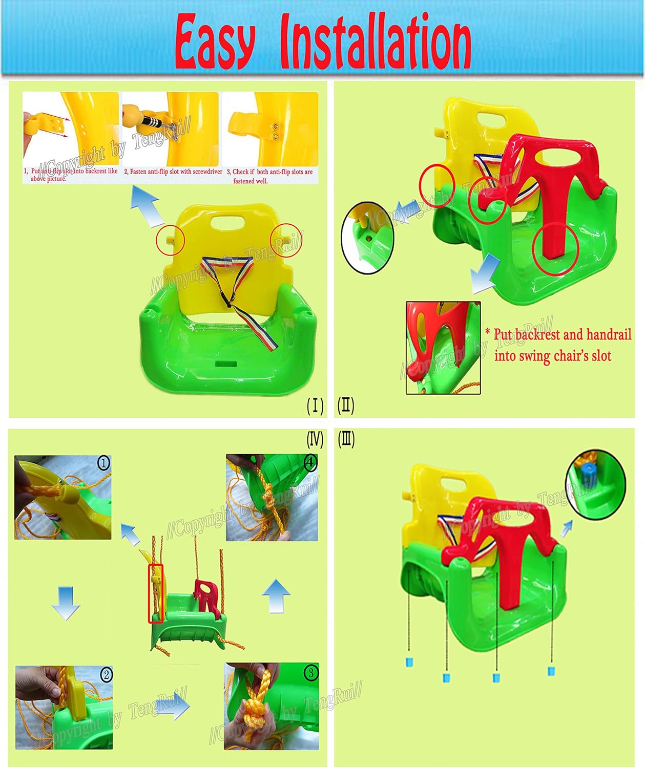 Skiennix 3-in-1 Swing - Anti-Flip Design for Toddlers to Teenagers | Macarons Color, Light Green Chair & Pink Handrail