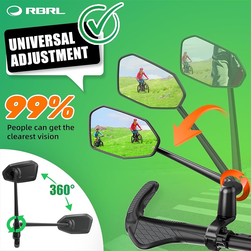 RBRL Extra Large Bicycle Mirror Set, 360° Adjustable Shatterproof Bar End Rear View Mirrors for E-Bikes