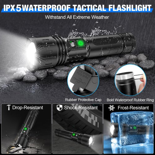 Banral LED Flashlights High Lumens Rechargeable, 5000mAh Super Bright Powerful Flashlight, Type-C, 5 Modes, Zoomable, IPX5 Waterproof High Powered Tactical Flash Light for Emergency Camping Hiking