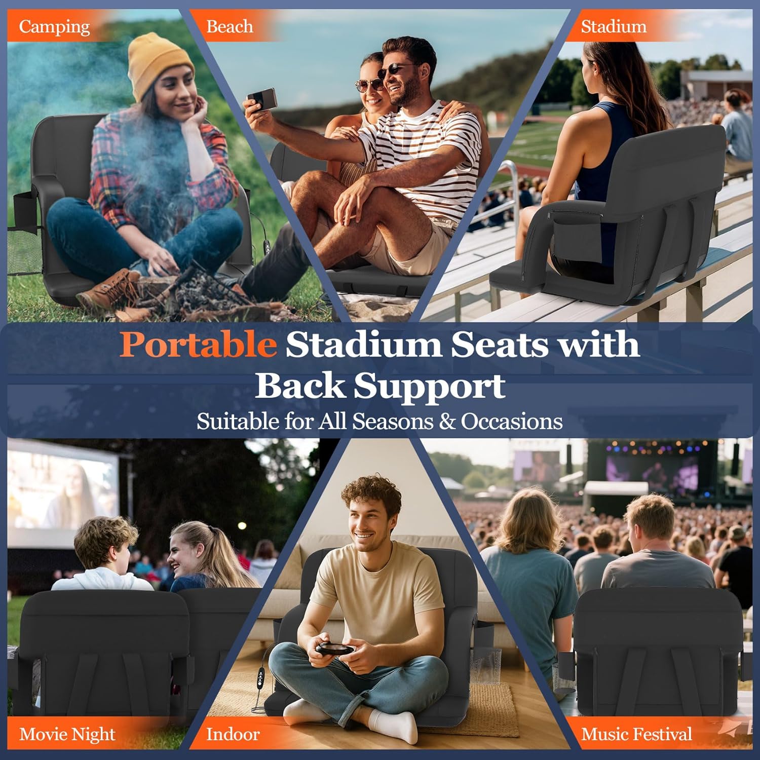 Seeutek Heated Stadium Seats - Portable Bleacher Chairs with Back Support & USB Heating | 21in, 5 Pockets