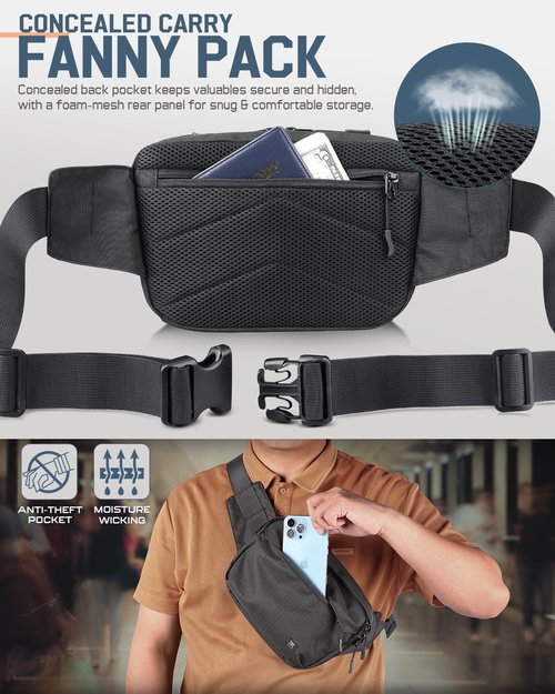 Tactical Fanny Pack for Men Women, Security Carry Crossbody Bag, Anti Theft EDC Waist Bag for Hiking Hunting (Adjustable Up to 57" Waist)