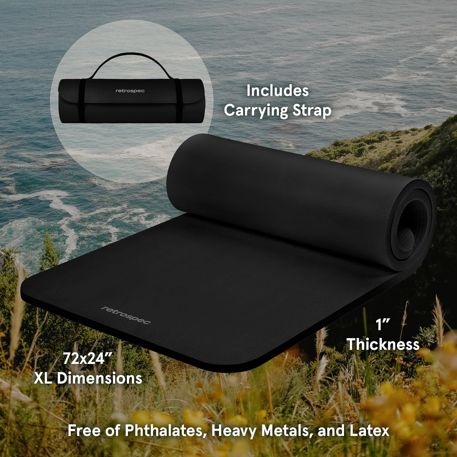 Retrospec Solana Yoga Mat - 1" Thick Non-Slip Exercise Mat with Nylon Strap for Home Workouts
