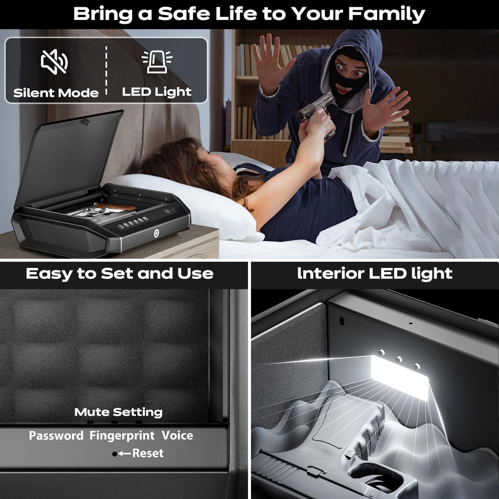 TOPMEDA Gun Safe with LCD Display, ≤0.1s Quick Access Large Handgun Safe for Pistols, Hand Gun Lock Box with Fingerprint, Keypad, Key, Car, Home, Bedside, Nightstand, AA Battery Emergency Power