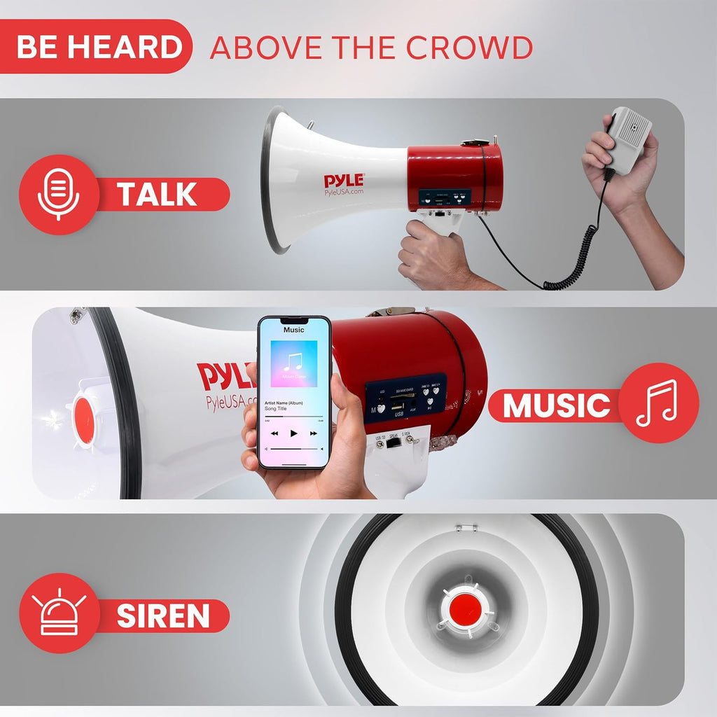 Pyle 50W Megaphone Bullhorn - Portable & Lightweight with Siren, Rechargeable Battery, 1600 Yards Range, White