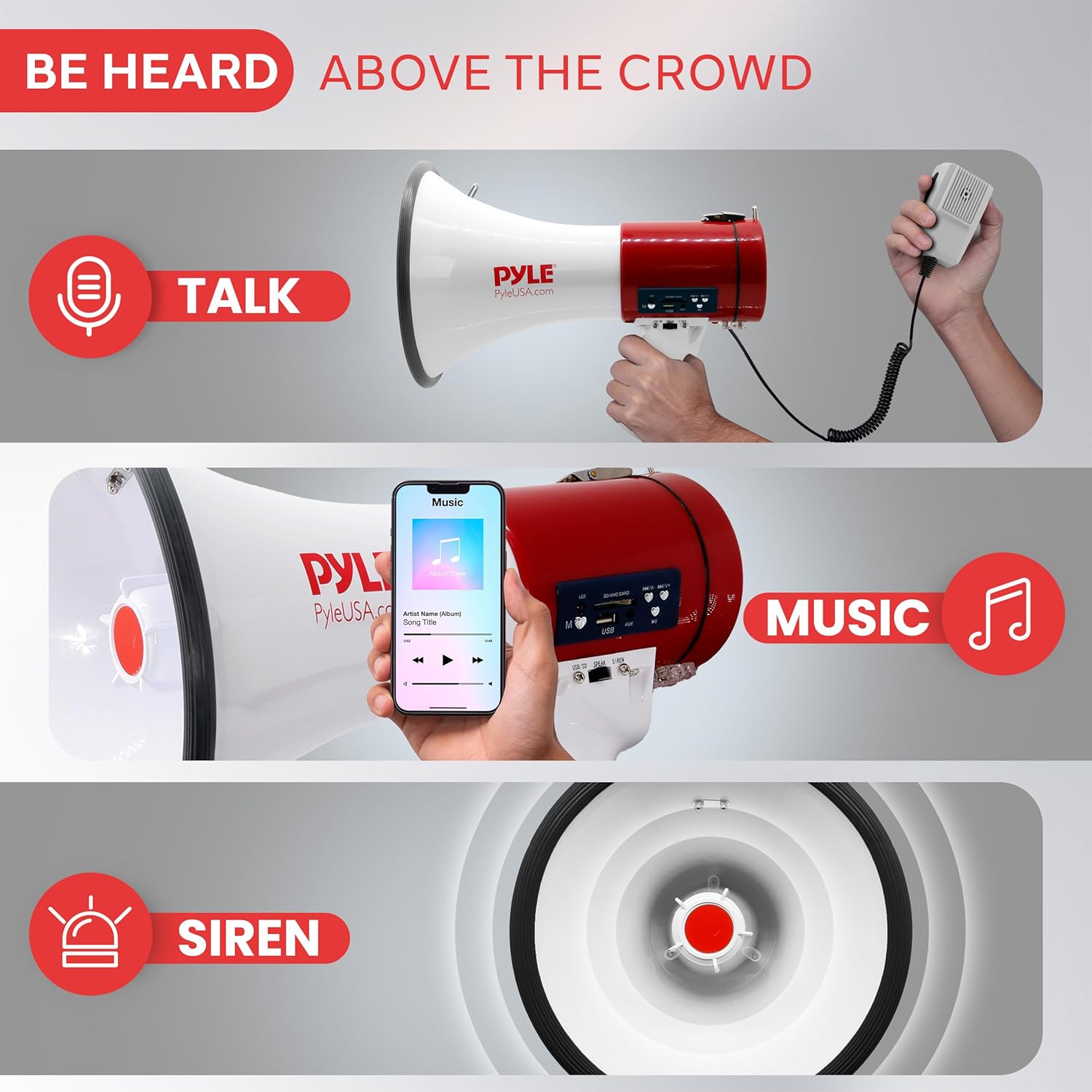 Pyle 50W Megaphone Bullhorn - Portable & Lightweight with Siren, Rechargeable Battery, 1600 Yards Range, White