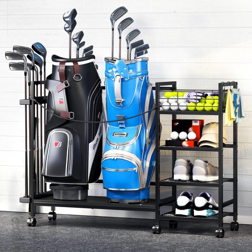 TC-HOMENY Golf Bag Storage Organizer for Garage, Golf Bag Stand with Wheels, Golf Bag Organizer for 2 Golf Bags, Golf Bag Accessories Storage Rack, Extra Golf Clubs Equipment Stand, Golf Bag Holder