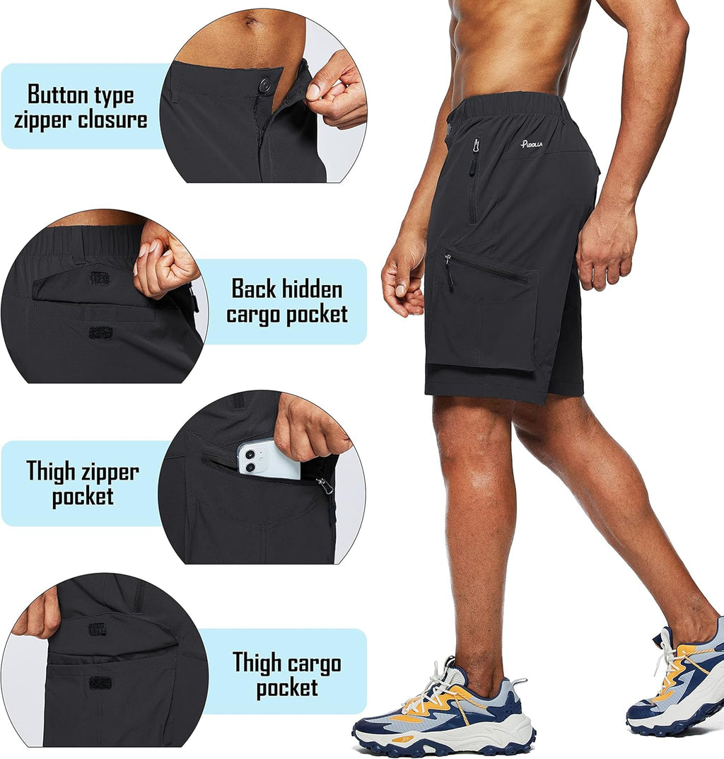 Pudolla Men's Hiking Cargo Shorts - Quick Dry Outdoor Travel Shorts with Multi-Pockets for Fishing & Camping
