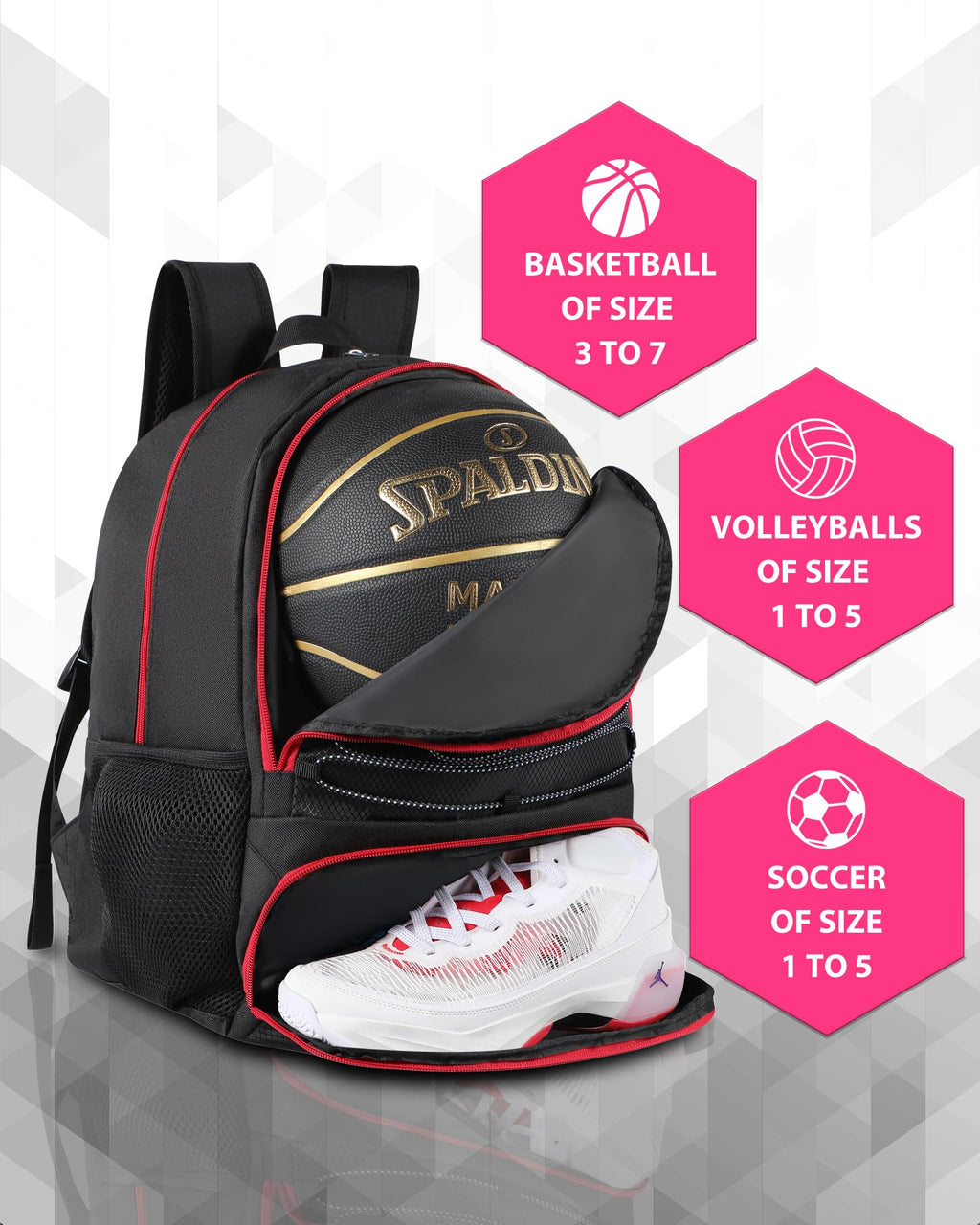 Soccer Ball Bag Backpack for Men Women with Ball & Shoes Compartment 32L Capacity Lightweight Breathable Boys Girls Basketball Bag Backpack Fit Volleyball Football Sports Travel School Gym Red Edge