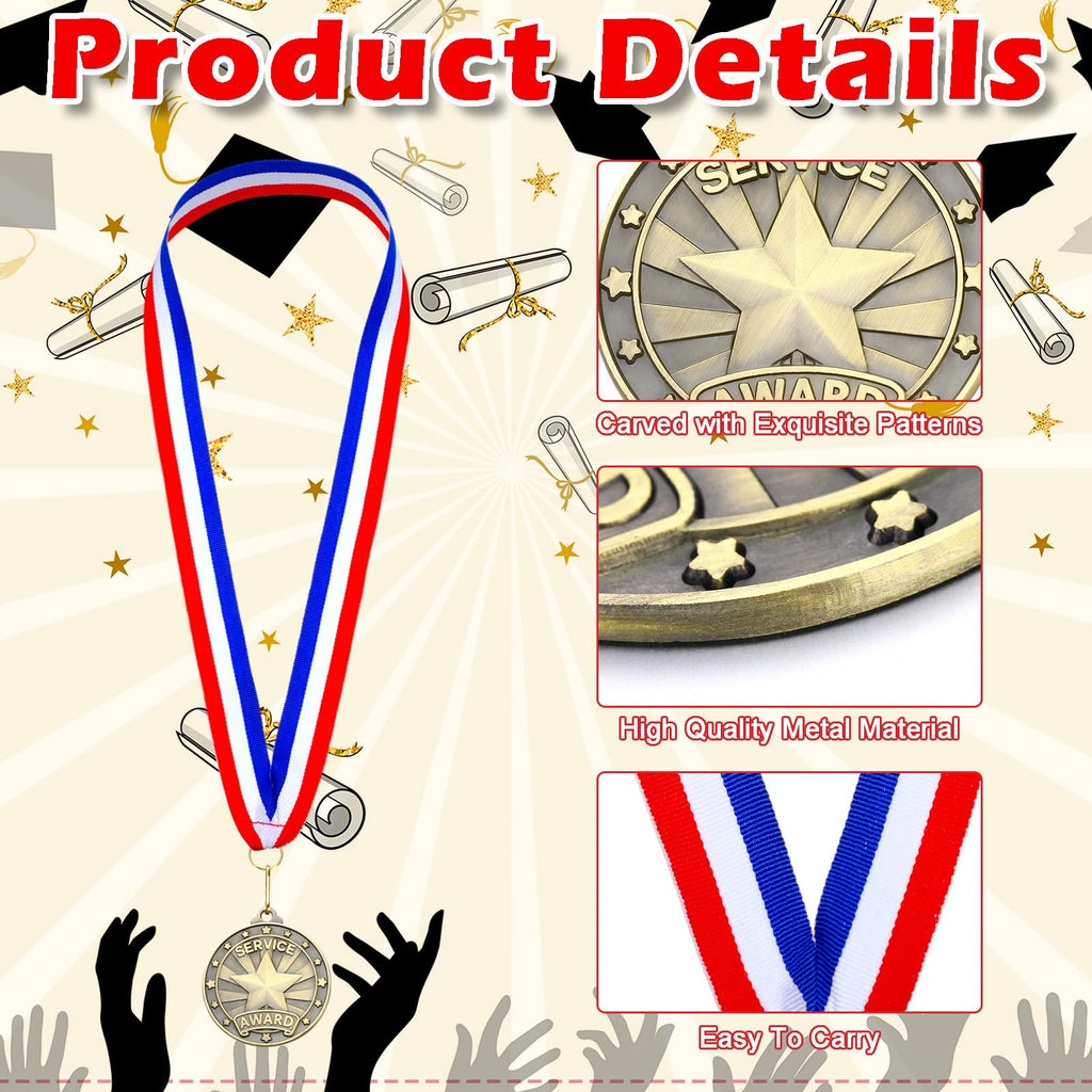 Quelay 30 Pcs 2'' Award Medals Bulk Gold Winner Medals with Neck Ribbons Metal Trophy Award Prize Gift for Tournaments, Competitions, Party, Kids and Adults (Service Award)