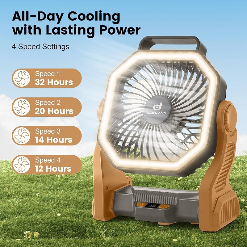 Odoland Portable Rechargeable Fan with 20000mAh Battery & LED Lantern - Brown