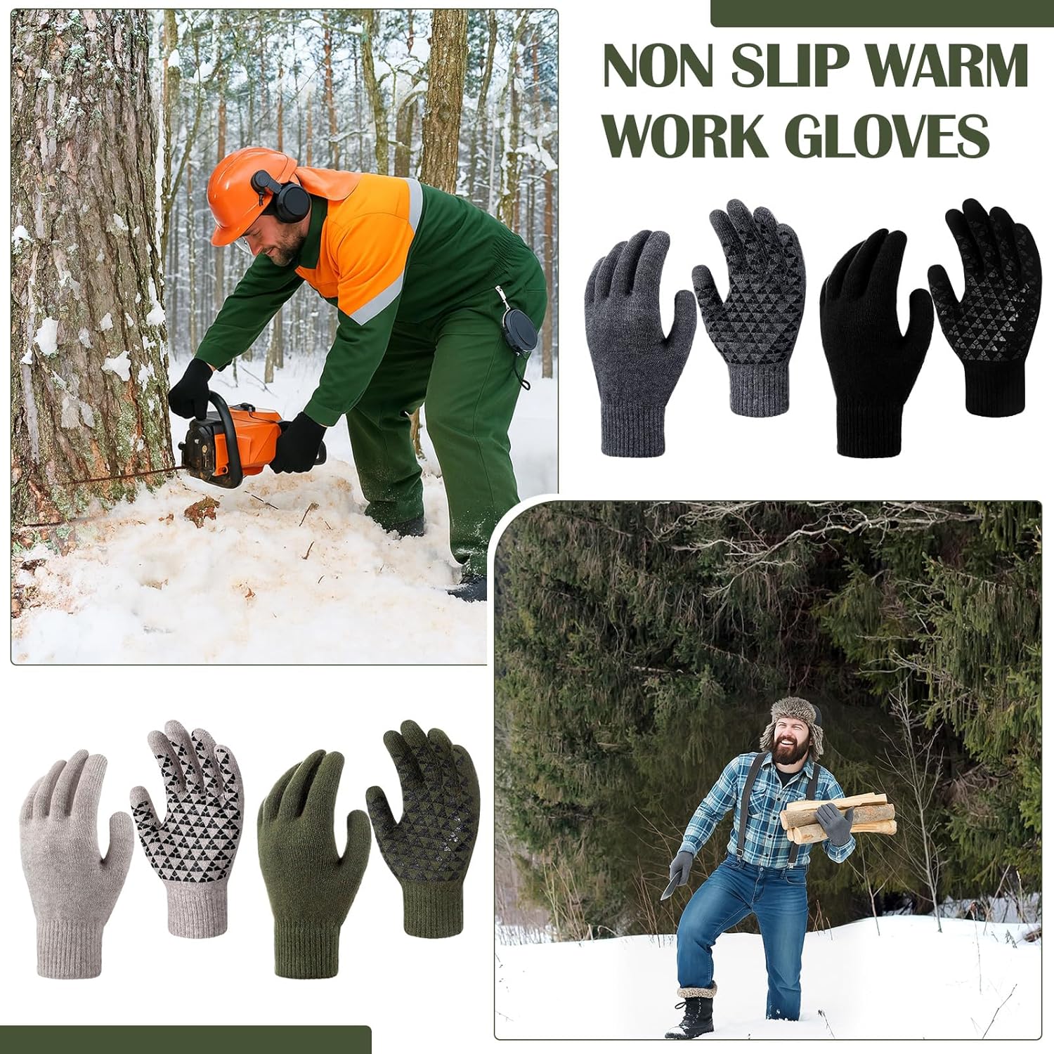 Skiennix Men's Wool Gloves - Non-Slip Grip for Cold Weather | 4 Pairs Tactical Warm Work Gloves