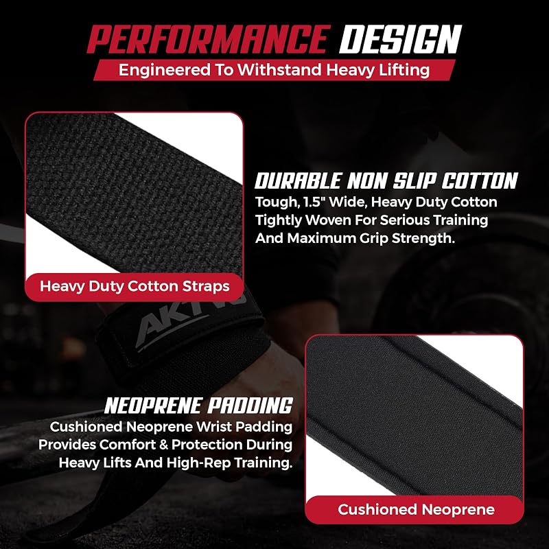AKTV8 23” Lifting Straps with 4mm Neoprene Padding – Black, Padded Wrist Straps for Deadlifts