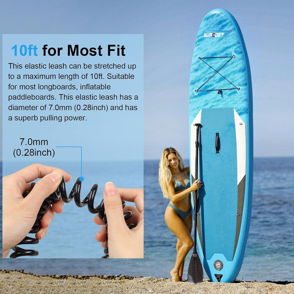 Skiennix 10 Ft Surf Board Leash - Durable 5.5mm/7.0mm Thick Urethane Coiled Foot Rope for SUP & Kayak