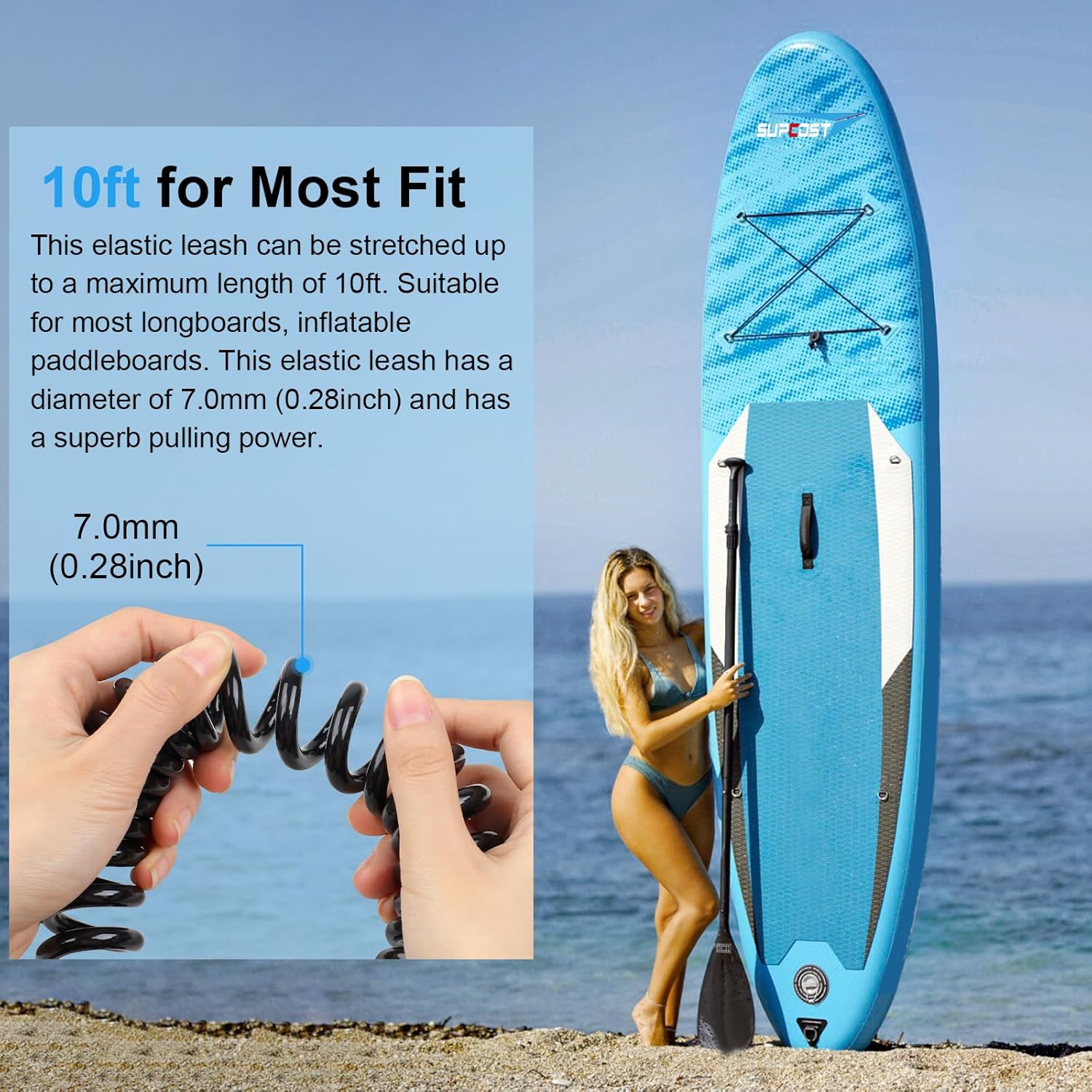Skiennix 10 Ft Surf Board Leash - Durable 5.5mm/7.0mm Thick Urethane Coiled Foot Rope for SUP & Kayak