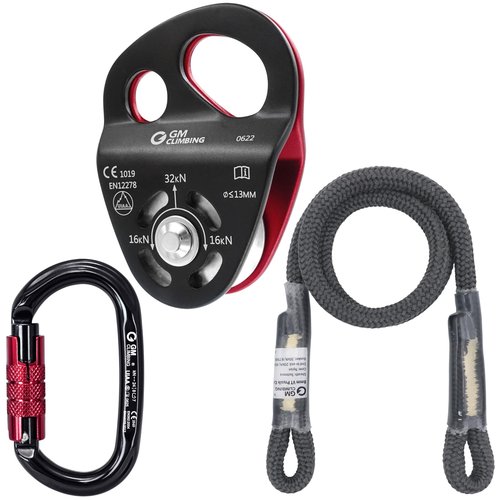 GM CLIMBING Prusik Hitch Tending Kit for Rope Climbing Positioning Lanyard, Double Tie-in Hitch Pulley Bushing, Twist Lock Oval Carabiner, Black Technora VT Prusik Hitch Cord