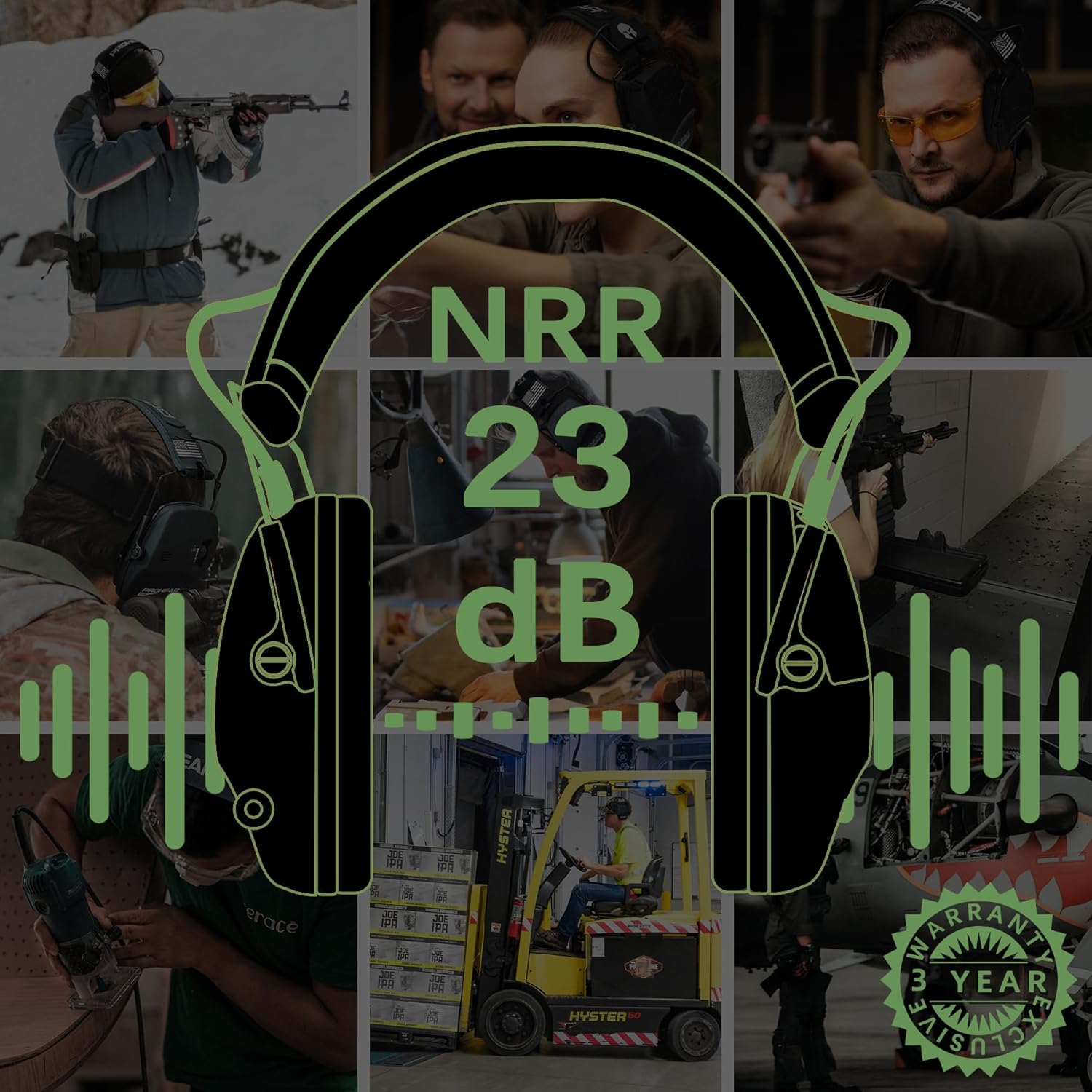 PROHEAR Electronic Ear Protection Muffs - 4X Sound Amplification & NRR 23dB Noise Reduction | Green