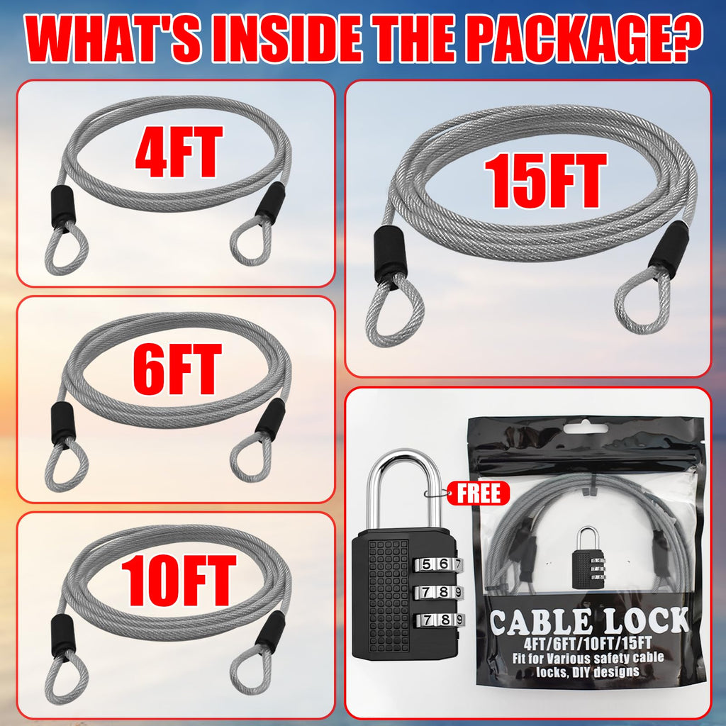 VIVBOO 4FT/6FT/10FT/15FT Cable Locks with Combination 1/8 inch Security Cable with Loops for Fence Luggage Gym Locker Cabinet