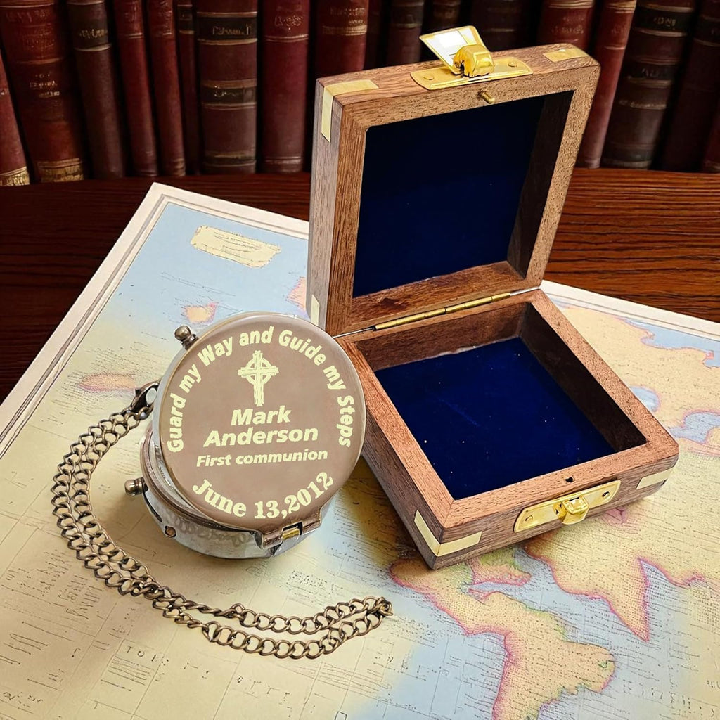 Skiennix Personalized Baptism Compass - Engraved Name & Date | Religious Keepsake Gift with Wooden Box & Leather Case