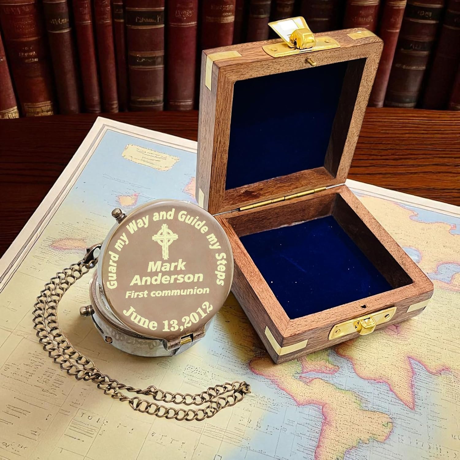Skiennix Personalized Baptism Compass - Engraved Name & Date | Religious Keepsake Gift with Wooden Box & Leather Case