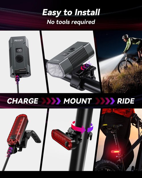 Bike Lights for Night Riding, USB Rechargeable Mountain Bicycle Headlight, Super Bright, Waterproof, 6+4 Light Modes Bike Light Set for Cyclists and Commuters - Gray