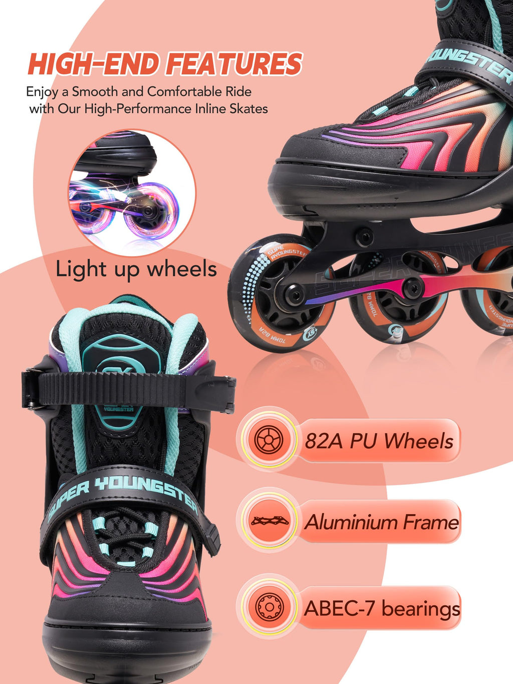 SUPER YOUNGSTER Girls Inline Skates for Boys Kids Ages 4-12, Adjustable Light Up Roller Skates for Youth Teens Ages 8-12, Beginner Blades for Women Adults
