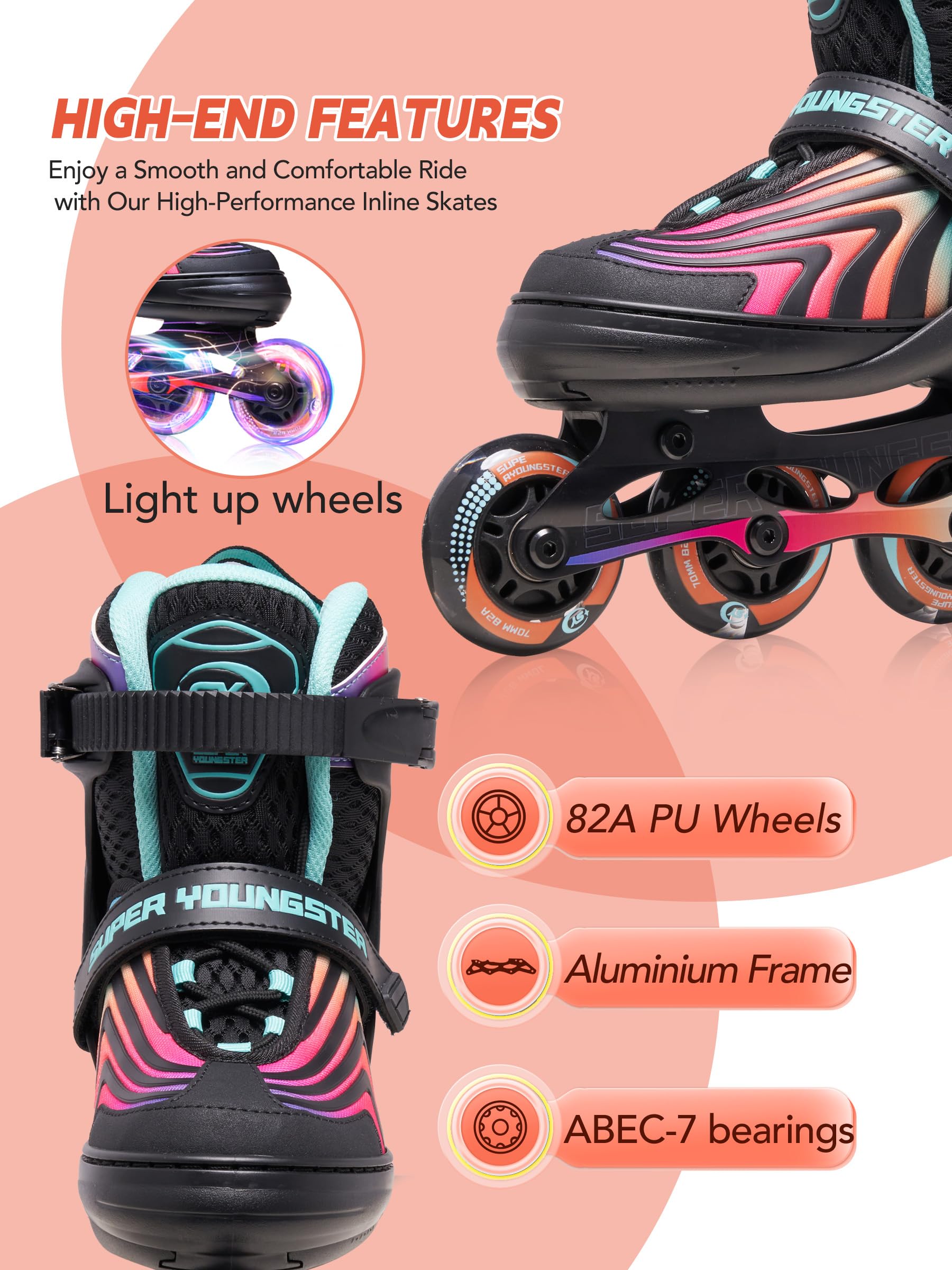 SUPER YOUNGSTER Girls Inline Skates for Boys Kids Ages 4-12, Adjustable Light Up Roller Skates for Youth Teens Ages 8-12, Beginner Blades for Women Adults