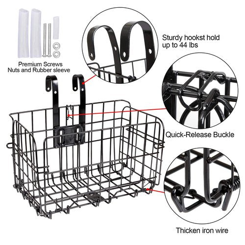 2 Pack Rear Bike Basket Folding Front Bike Basket Rust Proof Wire Mesh Bicycle Basket Mountain Bike Frame Basket Fold-Up Bike Cargo Rack