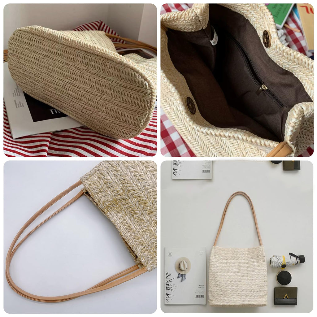Aphoraeny Straw Beach Bag Buckets Totes Handbag Shoulder Bag Tote Bag Women Summer Handbag (A-Dark Beige)