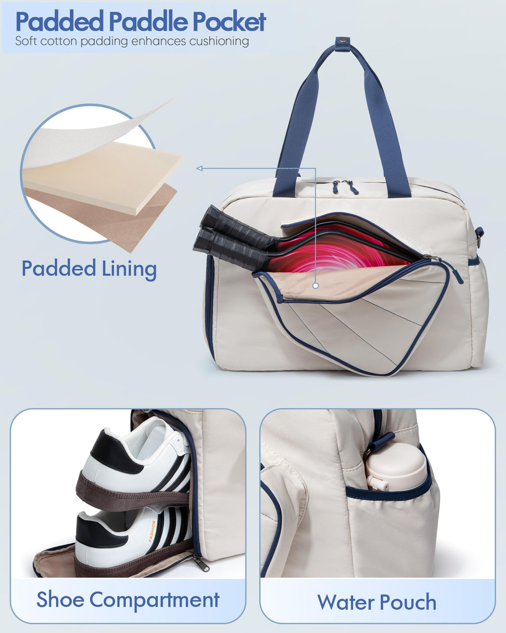 Smasrob Pickleball Tote Bag for Women with Exterior Paddle Pocket and Separate Shoe Compartment, Pickleball Bags with Wet Pocket and Detachable Strap, Beige