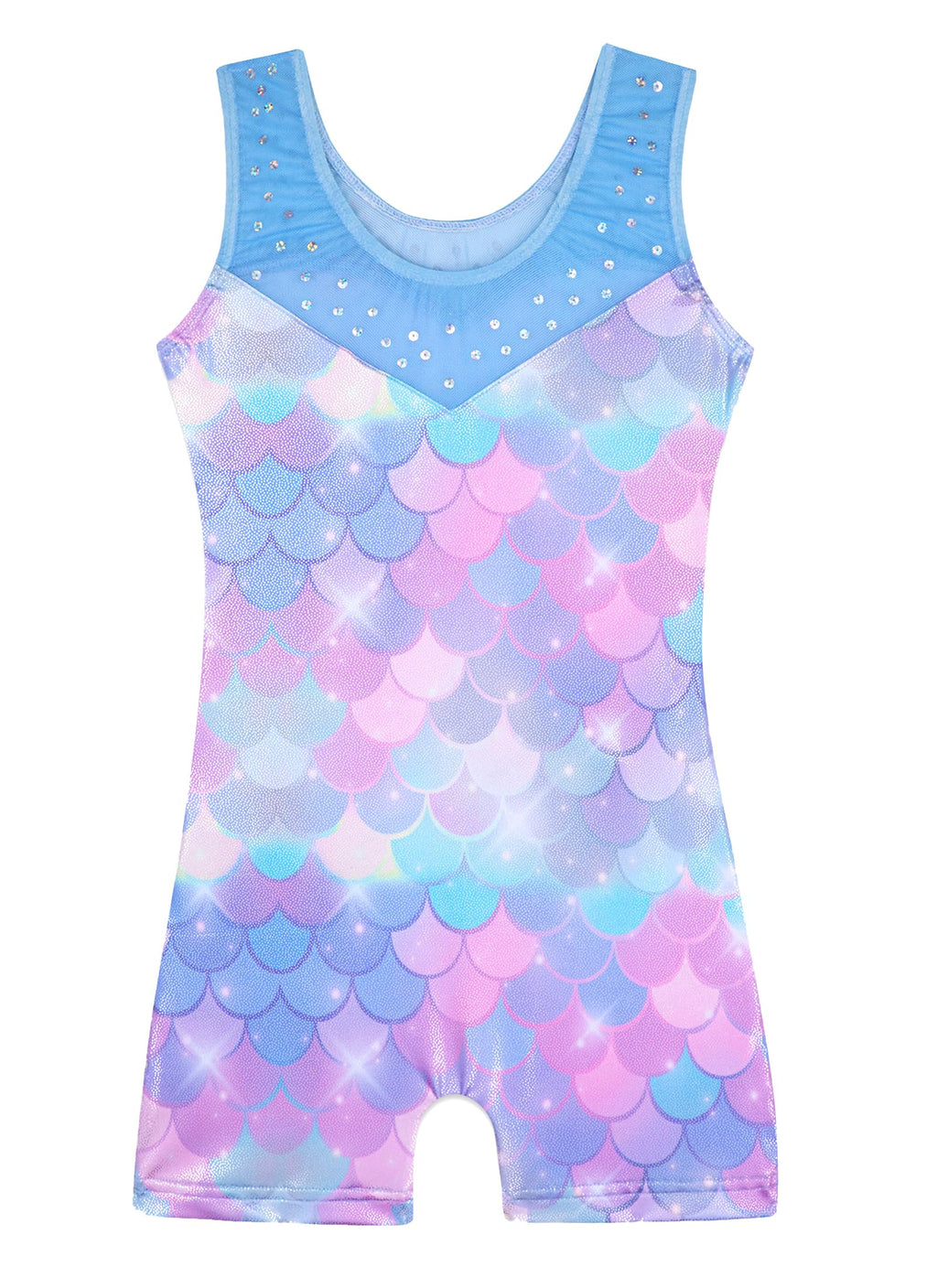 HOZIY leotards for girls gymnastics size 8-10 years Spliced Mesh Strap Tumbling Outfits Biketard Practice Blue Mermaid Rhienstone Sparkly ropa de gimnasia para niñas