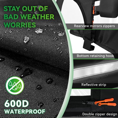 Panglong 2 Passengers EZGO Enclosure-600D, Multifunctional Polyester Rain Cover with Openable Front Windshield, 2 Door Zippers, 4 Side Clear Window and Windproof Hooks, Fit EZGO TXT RXV Cart