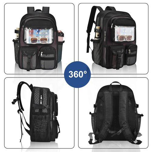 Jeluno Heavy Duty Mesh Backpack for School, Lightweight Black Book Backpack for Beach,Travel(Black)