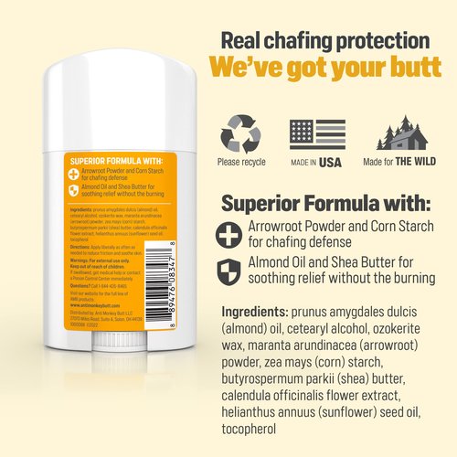 Anti Monkey Butt Anti-Chafing Stick - Mess-Free, Easy Glide Application with Shea Butter & Almond Oil - Prevents & Soothes Thigh, Chest, Bra Line, & Underarm Chafing - 1.7 oz
