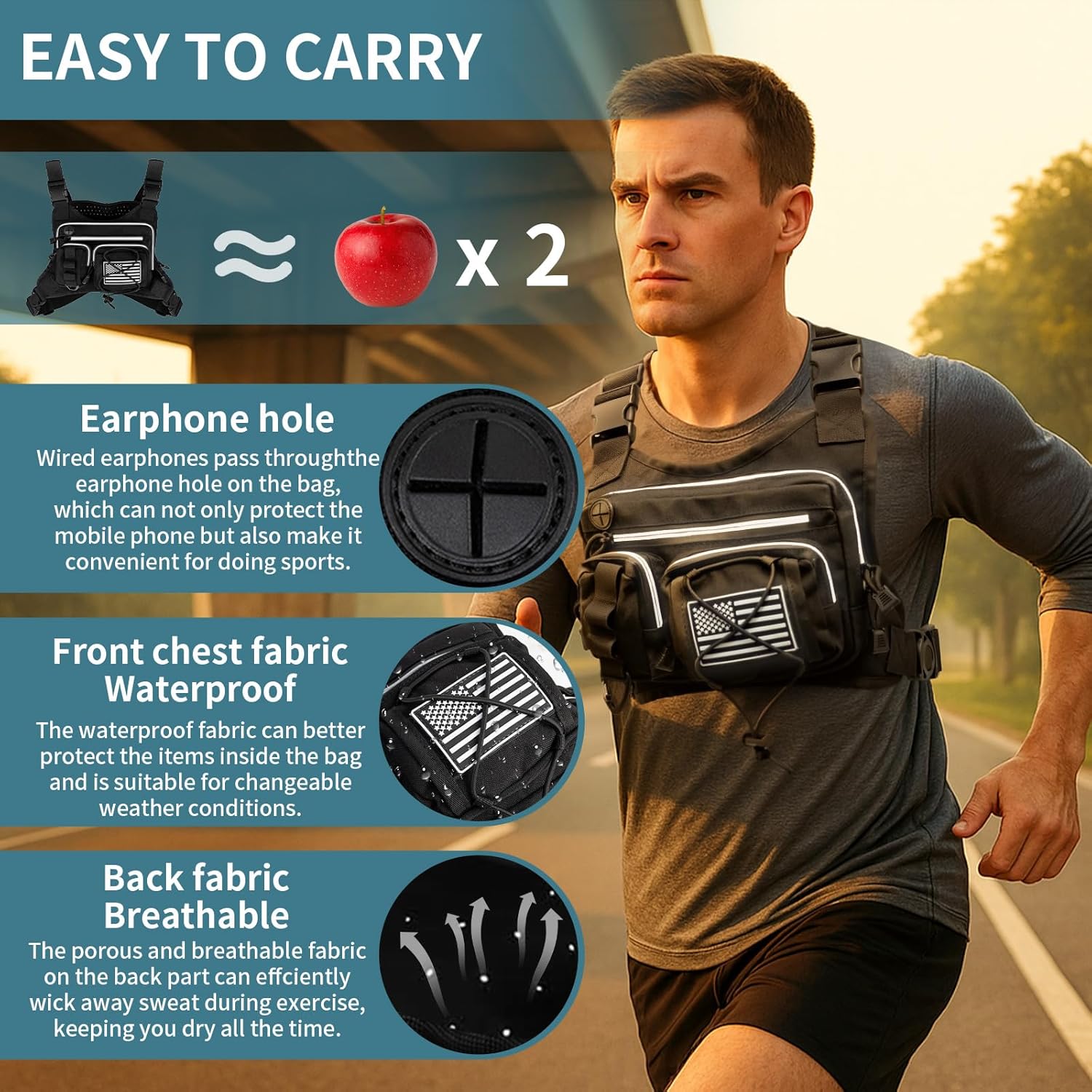 Skiennix Tactical Chest Bag - Breathable Multi-Functional Running Vest with Reflective Zipper Pocket | Adjustable Straps for Night Running, Hiking, Cycling (Black)