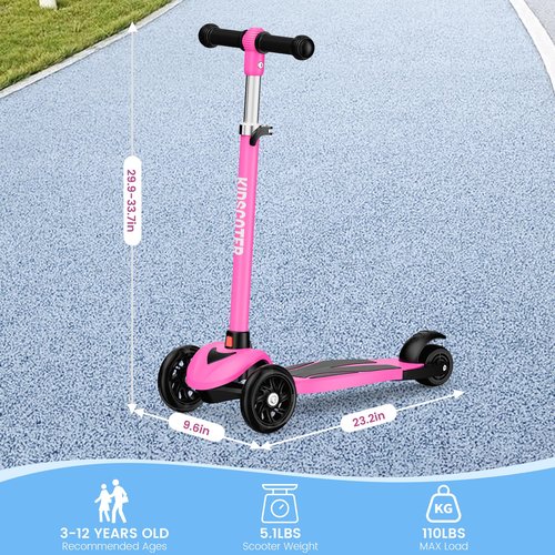 Multicolor Kids Scooter for Ages 3-12, 3 Wheel Lean to Steer Scooter with LED Light-Up Wheels, Adjustable Handlebar, Detachable Easy Storage for Boys & Girls,Pink