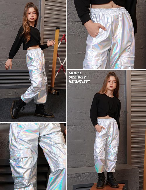 Perfashion Metallic Cargo Pants 4 5t for Girls Silver Hip Hop Dance Joggers Sweatpants for Little Girls Disco 80 S