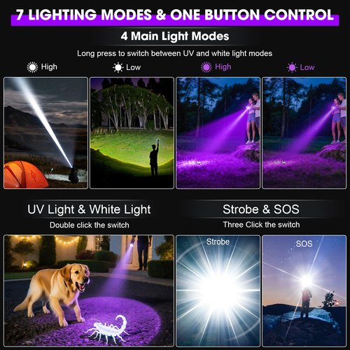 2-in-1 Powerful Blacklight LED Flashlight - UV&High Lumens Tactical Rechargeable Flash Light, 7 Modes, 18H Long Lasting, Super Bright Waterproof Detector for Pet Urine Curing Resin Camping Emergencies