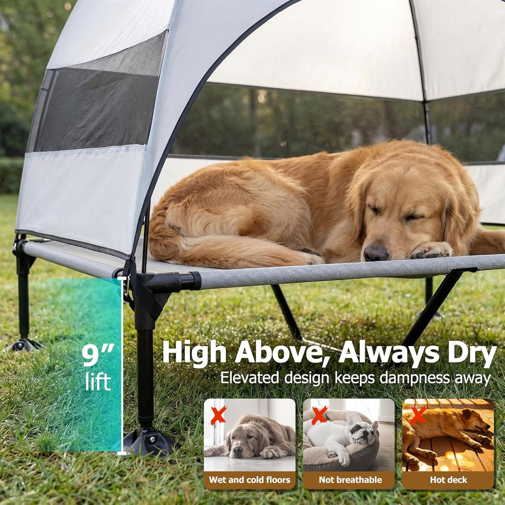 Skiennix Elevated Dog Bed - UV-Proof Canopy & Adjustable Feet - Portable Cooling Cot for Camping & Outdoor Use