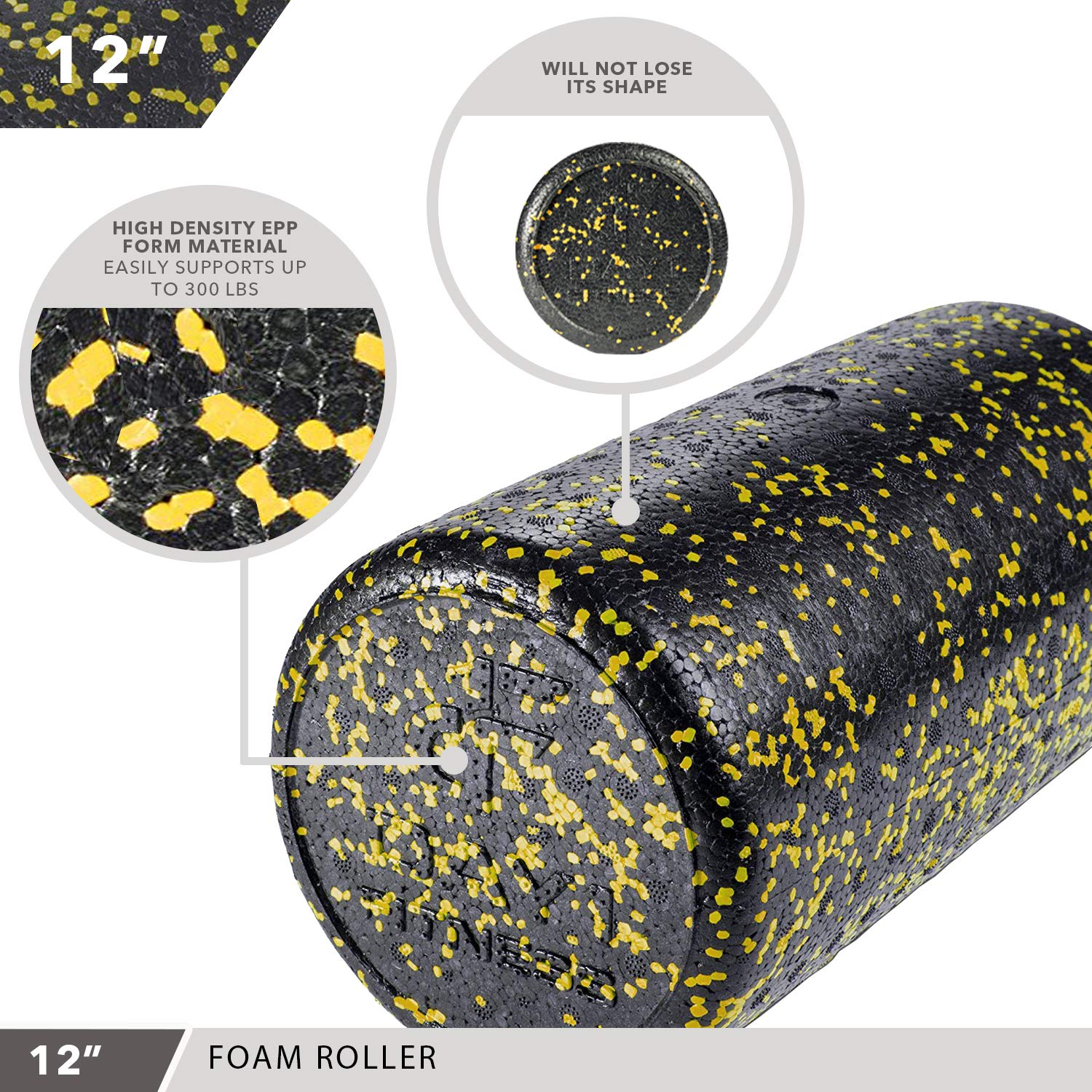 Day 1 Fitness High Density Muscle Foam Rollers - Sports Massage Rollers for Stretching, Physical Therapy, Deep Tissue, Myofascial Release - Ideal for Exercise and Pain Relief - Speckled Yellow, 12”