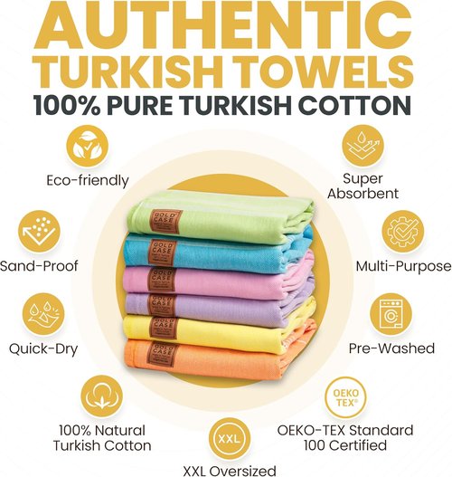 LYCIA Turkish Beach Towel Set of 6 - Oversized, Quick-Dry & Sand-Free 100% Cotton Towels | Multi-Color 70 x 38''
