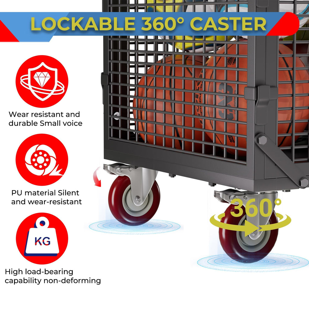YOHKOH Ball Cart, Premium Portable Storage Locker with Wheels, Heavy-Duty Basketball or Volleyball Cart, Lockable Ball Bin for Sports Equipment, 38.6" W x 25" D x 34.3" H