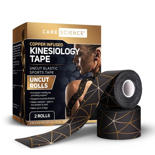 Care Science Waterproof Kinesiology Tape, Uncut 2 Rolls Copper Infused | Water Resistant Strips, Elastic Athletic Tape for Sports & Weightlifting, Muscle Strain Relief & Joint Support