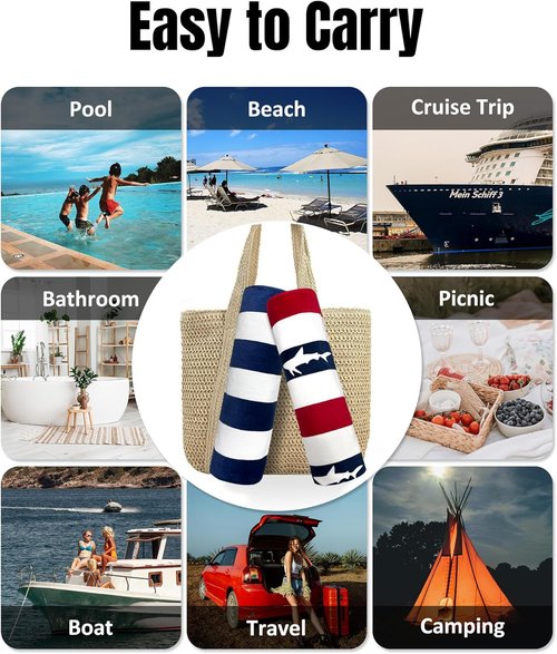 Cabana Large Beach Towel - Oversized Cotton Velour 35 x 70 Inch Shark Striped Pool Towel | Soft for Adults