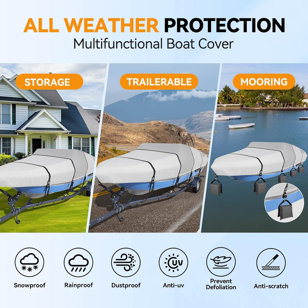 Ultra Durable 1600D + 1200D Boat Cover - Waterproof Protection for 16-18.5ft Tri-Hull & V-Hull Boats | Includes Storage Bag
