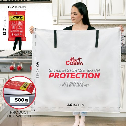 Mart Cobra Fire Blanket 2-Pack | Emergency Fire Suppression for Home & Kitchen | 40"x40" Heat Resistant Fiberglass Safety Blankets