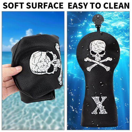 Golf Skull Skeleton Head Cover Golf Club Black Leather Headcovers Set Fits Driver Fairway Wood Hybrid Utility Putter Iron Wedge Headcover. (Hybrid)